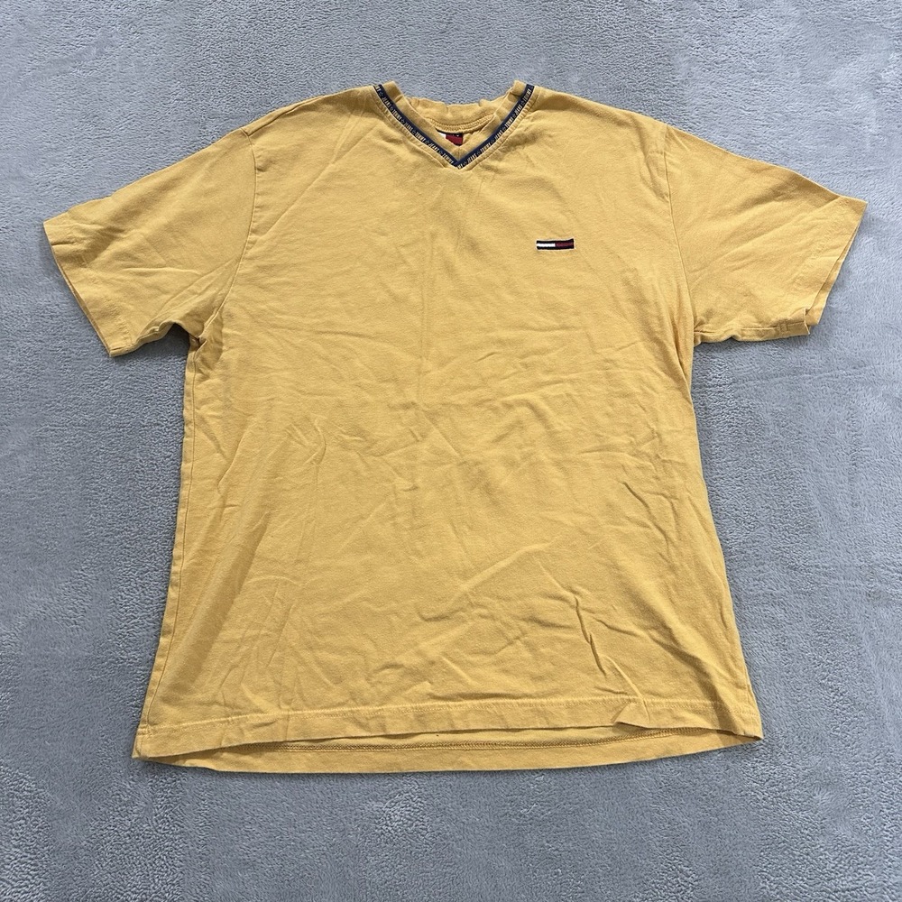 Tommy Hilfiger Tee Tshirt Men Large Yellow VNeck Logo Casual Lounge